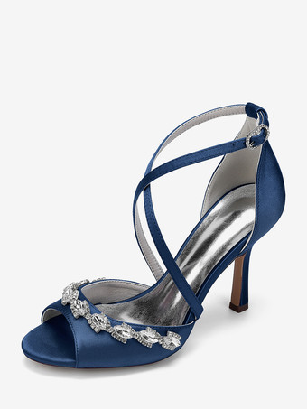 ディープブルーサテンウェディングシューズ ピープトゥ ラインストーン クリスクロス ブライダルシューズ