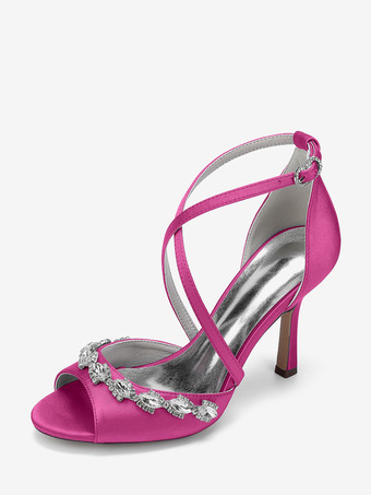 ローズレッドサテンウェディングシューズ ピープトゥ ラインストーン クリスクロス ブライダルシューズ