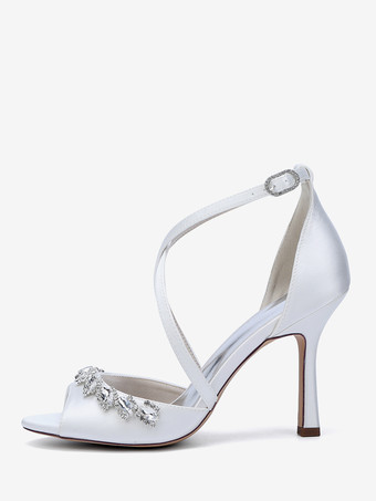 ホワイト サテンウェディングシューズ ピープトゥ ラインストーン クリスクロス ブライダルシューズ