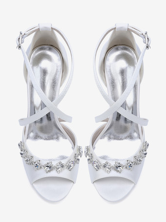 サテンウェディングシューズ ピープトゥ ラインストーン クリスクロス ブライダルシューズ