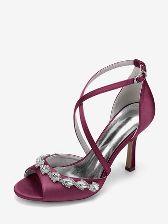 ワインレッド サテンウェディングシューズ ピープトゥ ラインストーン クリスクロス ブライダルシューズ