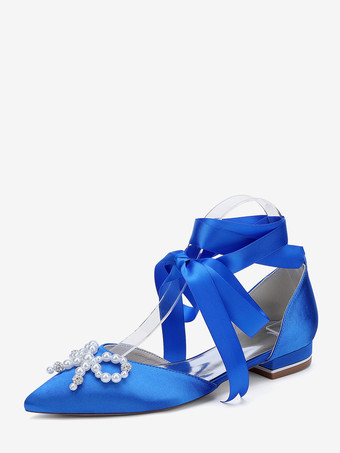 ロイヤルブルーフラットウェディングシューズ パールボウ レースアップ ブライダルシューズ