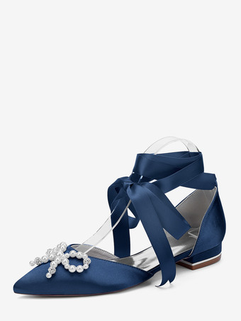 ディープブルーフラットウェディングシューズ パールボウ レースアップ ブライダルシューズ