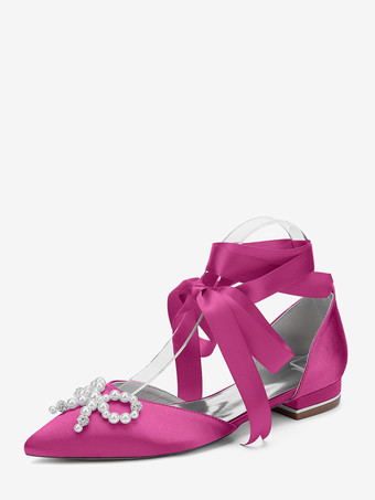 ローズレッドフラットウェディングシューズ パールボウ レースアップ ブライダルシューズ