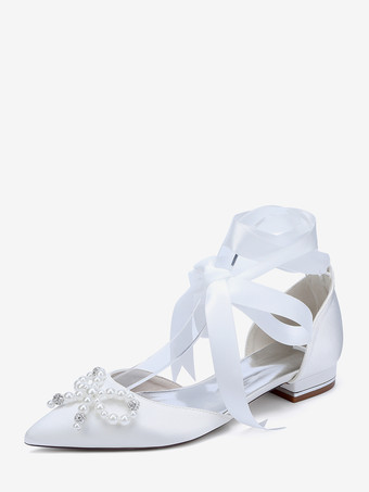 ホワイト フラットウェディングシューズ パールボウ レースアップ ブライダルシューズ