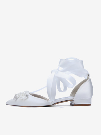 フラットウェディングシューズ パールボウ レースアップ ブライダルシューズ