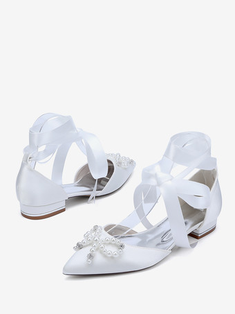 フラットウェディングシューズ パールボウ レースアップ ブライダルシューズ