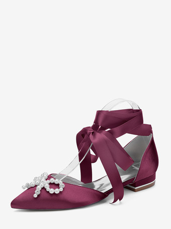 ワインレッド フラットウェディングシューズ パールボウ レースアップ ブライダルシューズ