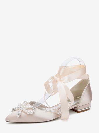 シャンパンカラーフラットウェディングシューズ パールボウ レースアップ ブライダルシューズ