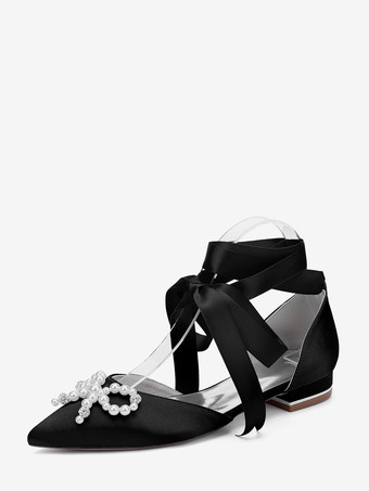 ブラック フラットウェディングシューズ パールボウ レースアップ ブライダルシューズ