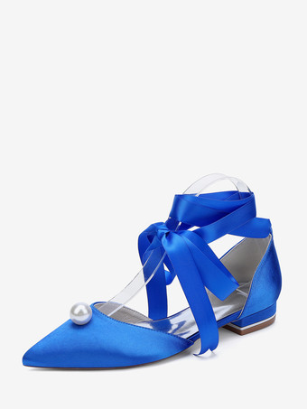 ロイヤルブルーサテンブライダルシューズ ポインテッドトゥ パール レースアップ ウェディングゲストシューズ