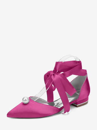 ローズレッドサテンブライダルシューズ ポインテッドトゥ パール レースアップ ウェディングゲストシューズ