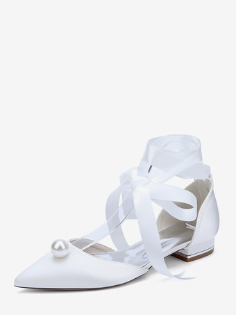 ホワイト サテンブライダルシューズ ポインテッドトゥ パール レースアップ ウェディングゲストシューズ