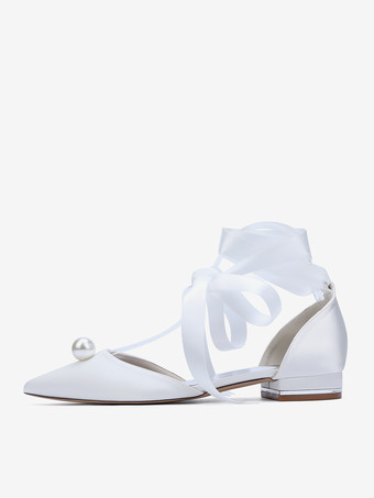 サテンブライダルシューズ ポインテッドトゥ パール レースアップ ウェディングゲストシューズ