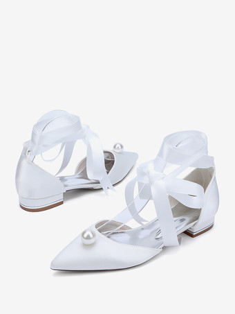 サテンブライダルシューズ ポインテッドトゥ パール レースアップ ウェディングゲストシューズ