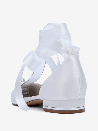 サテンブライダルシューズ ポインテッドトゥ パール レースアップ ウェディングゲストシューズ