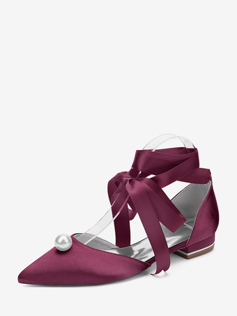 ワインレッド サテンブライダルシューズ ポインテッドトゥ パール レースアップ ウェディングゲストシューズ