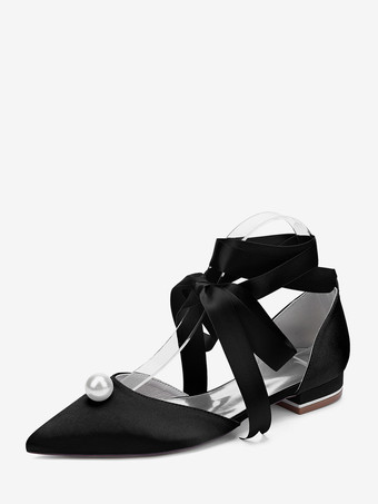 ブラック サテンブライダルシューズ ポインテッドトゥ パール レースアップ ウェディングゲストシューズ