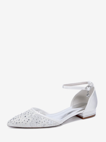 ホワイト レースフラットウェディングシューズ ラインストーン ポインテッドトゥ ブライダルシューズ