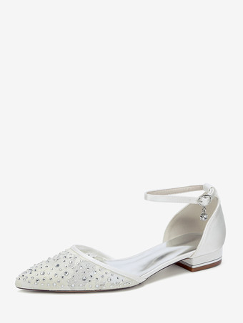 アイボリーレースフラットウェディングシューズ ラインストーン ポインテッドトゥ ブライダルシューズ