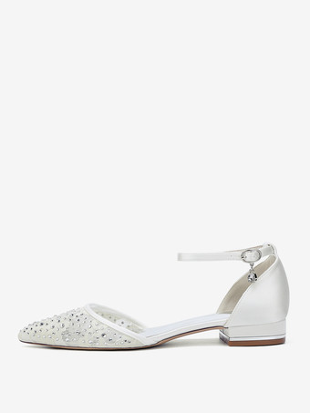 レースフラットウェディングシューズ ラインストーン ポインテッドトゥ ブライダルシューズ