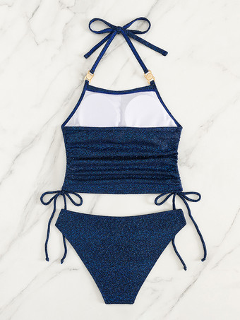 ビーチ水着セット ブルーの水着とホワイトのストライプのカバーアップ 3点セット 2025