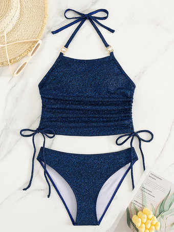 ビーチ水着セット ブルーの水着とホワイトのストライプのカバーアップ 3点セット 2025