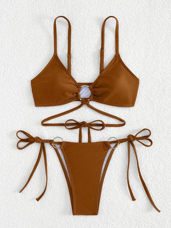 オレンジフロントリングディテールの無地ビキニ、調節可能なサイドタイ付き、2025年夏