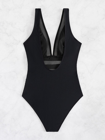 メッシュパネルと透け感のあるストライプ柄ワンピース水着（背中開き）2025年