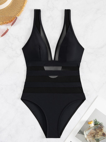 メッシュパネルと透け感のあるストライプ柄ワンピース水着（背中開き）2025年