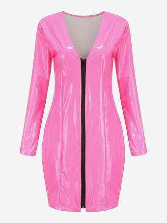 フェイクレザー ジップアップ ボディコンドレス 長袖 ミニクラブドレス レディース 2025