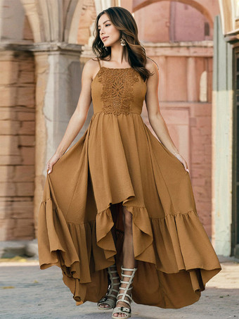 イエローハイローヘムストラップドレス 夏 ボヘミアン ロングドレス レディース 2026