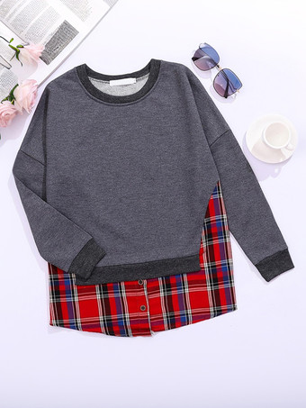 ダークグレー 2025年レディース向けチェック柄裾グレースウェットシャツ