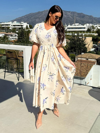 パフスリーブ付き花柄ロングドレス（レディース）2025