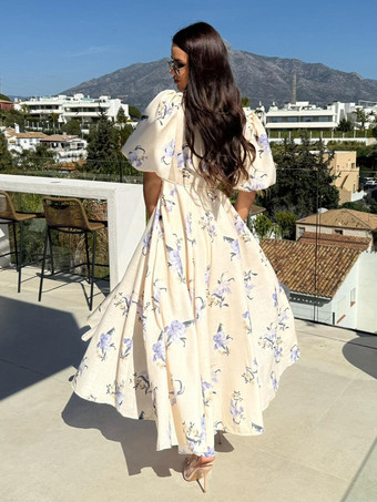 パフスリーブ付き花柄ロングドレス（レディース）2025