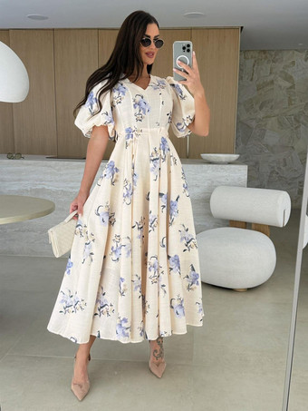 アイボリー パフスリーブ付き花柄ロングドレス（レディース）2025