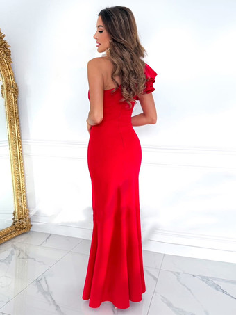 フリルショルダーとハイスリットのエレガントなロングパーティードレス 2025