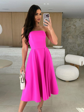 ローズレッドエレガントなストラップレスドレス ハイウエスト Aライン パーティードレス レディース 2025