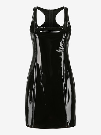 洗練されたフェイクレザーのミニドレス、レーサーバック、セクシーなクラブドレス（レディース）2025