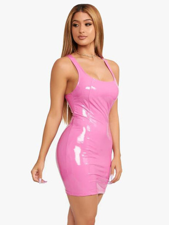 洗練されたフェイクレザーのミニドレス、レーサーバック、セクシーなクラブドレス（レディース）2025