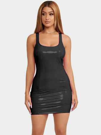 ブラック 洗練されたフェイクレザーのミニドレス、レーサーバック、セクシーなクラブドレス（レディース）2025