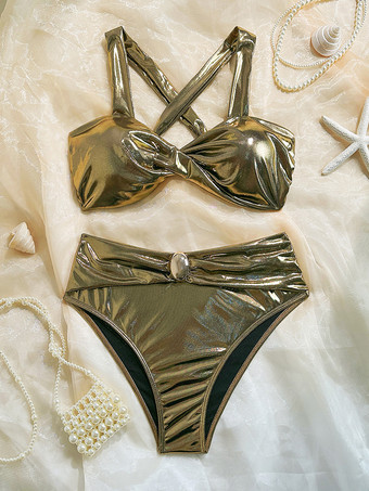 2025年夏向けゴールデンビキニクロスフロントハイウエスト2ピース水着