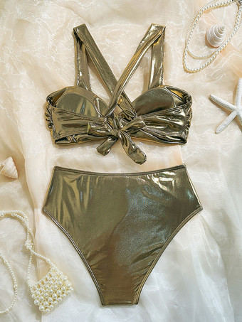 2025年夏向けゴールデンビキニクロスフロントハイウエスト2ピース水着