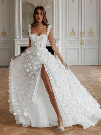 ウェディングドレス スイープAライン ノースリーブ レースデザインネックライン ブライダルガウン