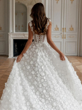 ウェディングドレス スイープAライン ノースリーブ レースデザインネックライン ブライダルガウン