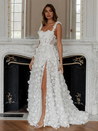 ウェディングドレス スイープAライン ノースリーブ レースデザインネックライン ブライダルガウン