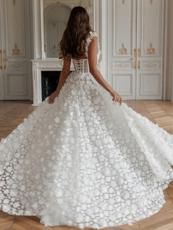 ウェディングドレス スイープAライン ノースリーブ レースデザインネックライン ブライダルガウン