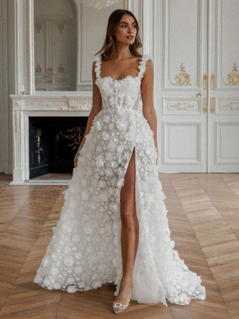 ウェディングドレス スイープAライン ノースリーブ レースデザインネックライン ブライダルガウン