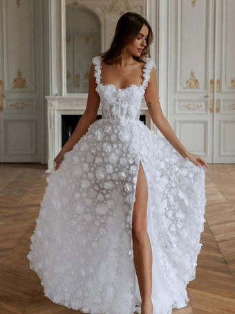 ホワイトウェディングドレス スイープAライン ノースリーブ レースデザインネックライン ブライダルガウン