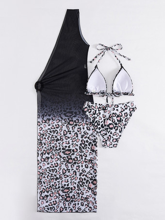 2025年夏にぴったりのヒョウ柄水着セット（ホルターネックビキニとカットアウトカバーアップ）